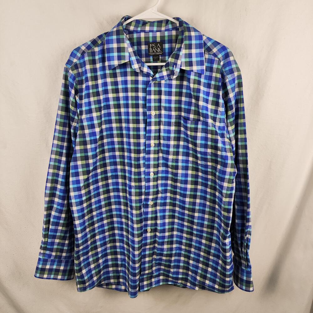 Jos A Bank Shirt Mens Large Blue Green Check Tailored Fit Long Sleeve Dress